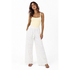Kyla Seo White Eyelet Embroidered Wide Leg Pants Tassel Tie Cotton Women L NWOT
